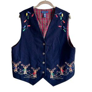 Vintage Karen Scott Vest Plaid Lined Blue Embroidered Christmas Reindeer Size XL